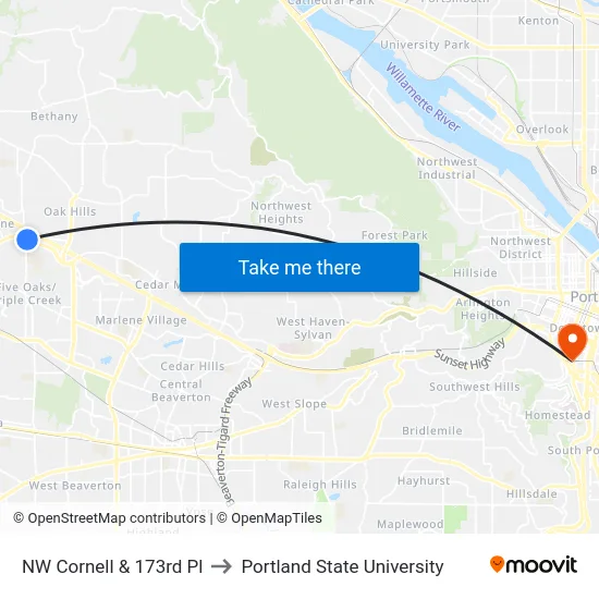 NW Cornell & 173rd Pl to Portland State University map