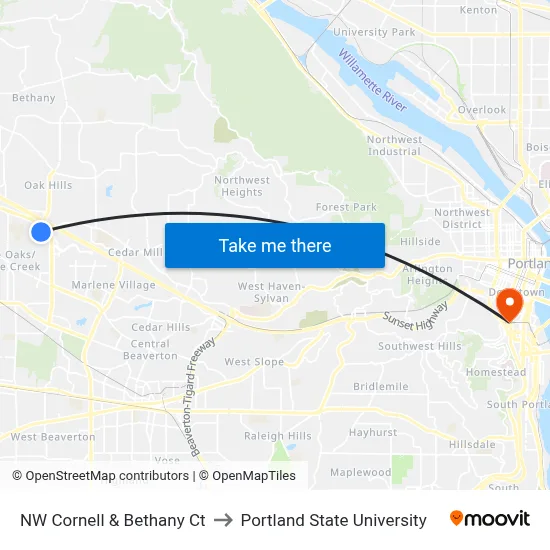NW Cornell & Bethany Ct to Portland State University map