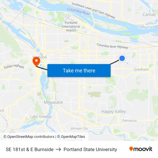 SE 181st & E Burnside to Portland State University map
