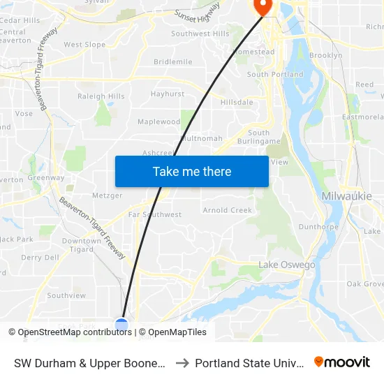 SW Durham & Upper Boones Ferry to Portland State University map