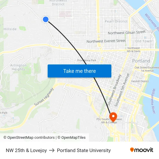NW 25th & Lovejoy to Portland State University map