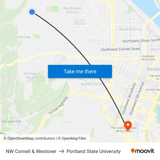 NW Cornell & Westover to Portland State University map