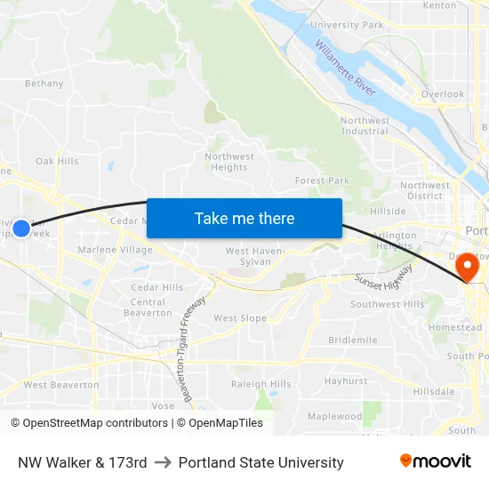NW Walker & 173rd to Portland State University map
