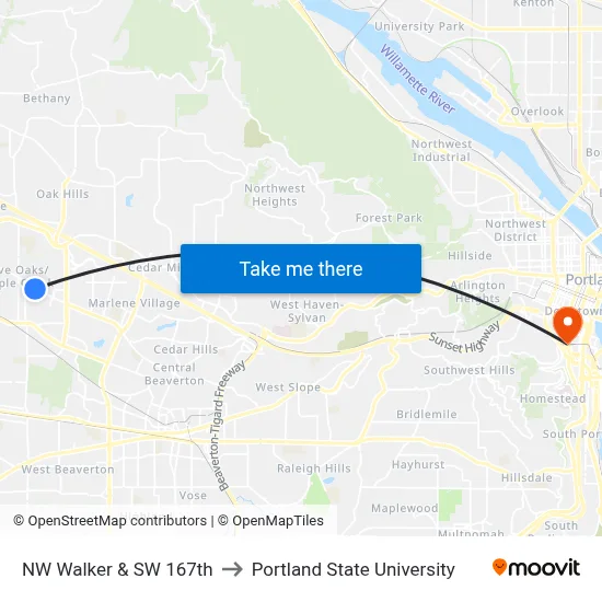 NW Walker & SW 167th to Portland State University map