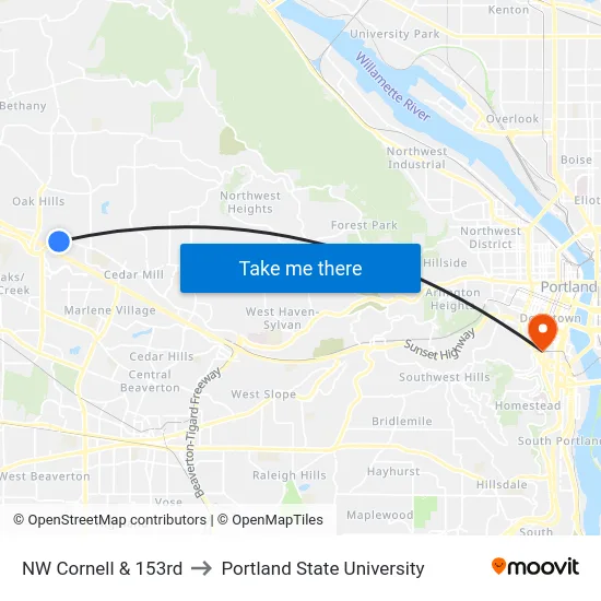 NW Cornell & 153rd to Portland State University map
