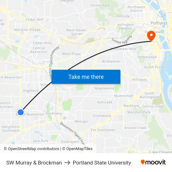 SW Murray & Brockman to Portland State University map