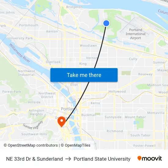 NE 33rd Dr & Sunderland to Portland State University map