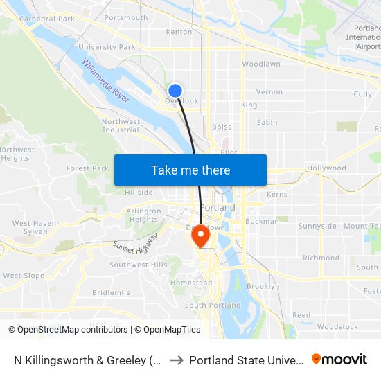 N Killingsworth & Greeley (East) to Portland State University map