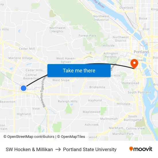 SW Hocken & Millikan to Portland State University map