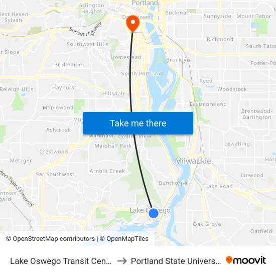 Lake Oswego Transit Center to Portland State University map