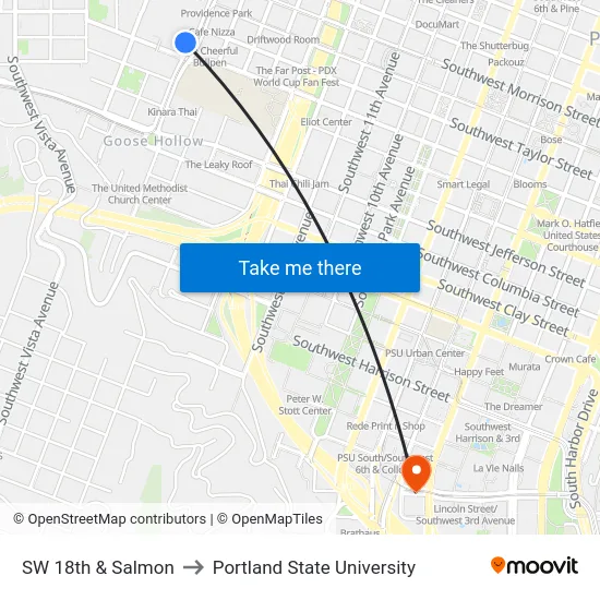 SW 18th & Salmon to Portland State University map
