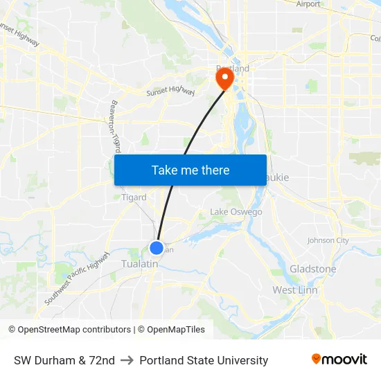 SW Durham & 72nd to Portland State University map