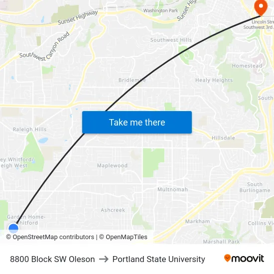 8800 Block SW Oleson to Portland State University map
