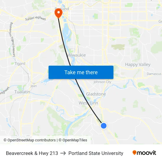 Beavercreek & Hwy 213 to Portland State University map