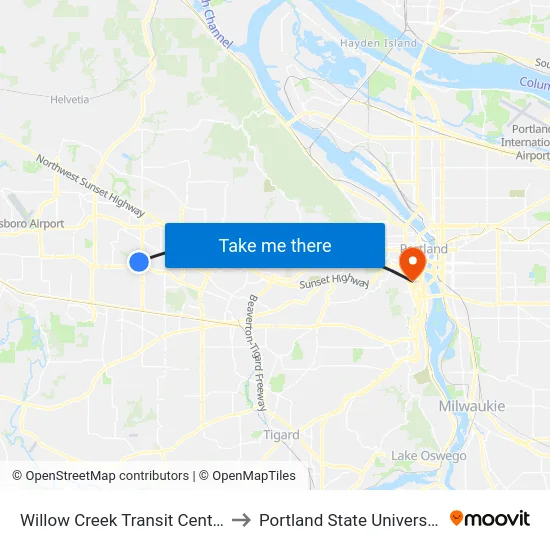 Willow Creek Transit Center to Portland State University map