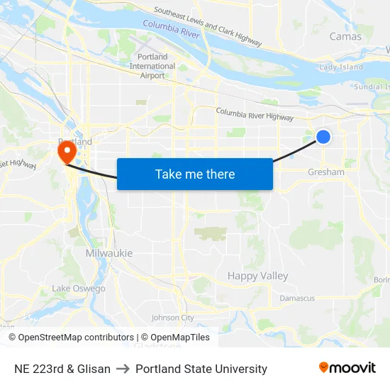 NE 223rd & Glisan to Portland State University map