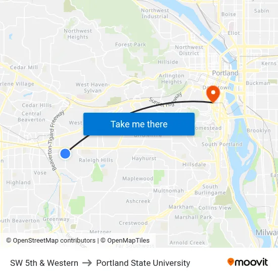 SW 5th & Western to Portland State University map