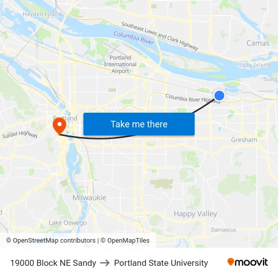 19000 Block NE Sandy to Portland State University map