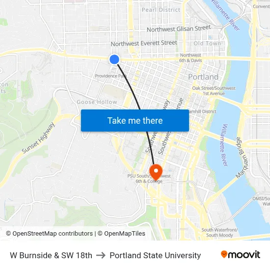 W Burnside & SW 18th to Portland State University map