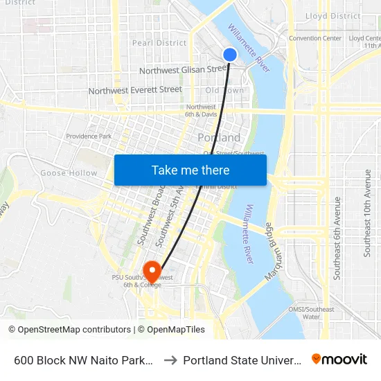 600 Block NW Naito Parkway to Portland State University map