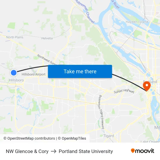 NW Glencoe & Cory to Portland State University map
