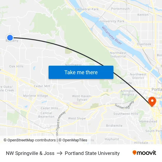 NW Springville & Joss to Portland State University map