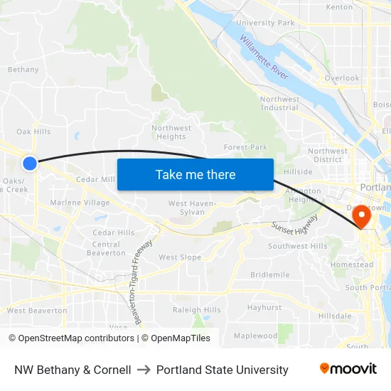 NW Bethany & Cornell to Portland State University map