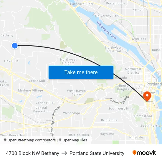 4700 Block NW Bethany to Portland State University map