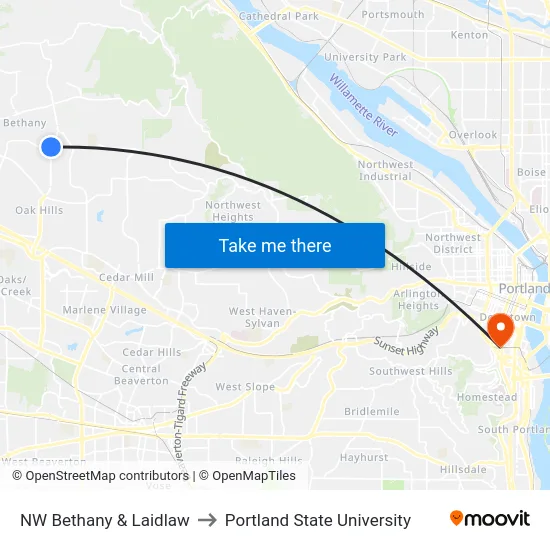 NW Bethany & Laidlaw to Portland State University map