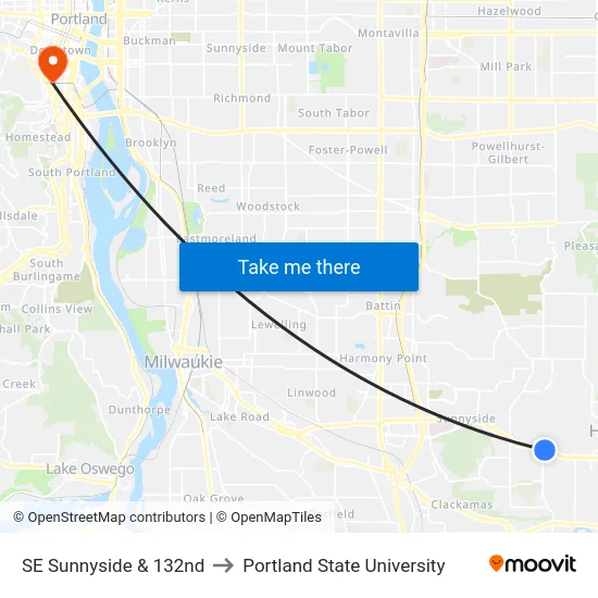 SE Sunnyside & 132nd to Portland State University map