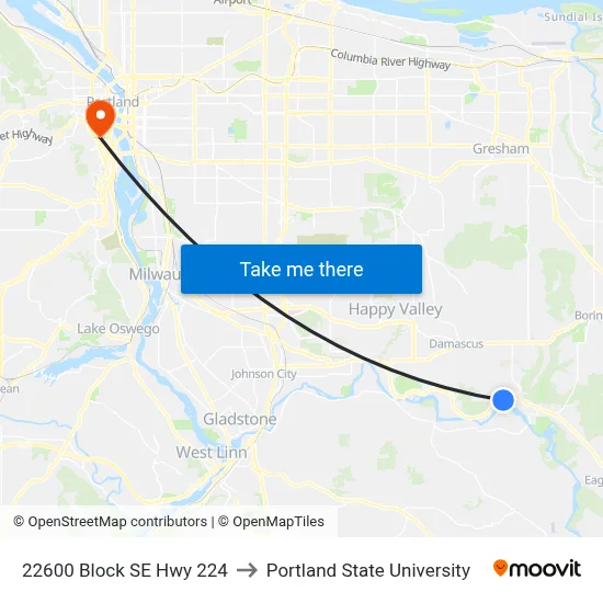 22600 Block SE Hwy 224 to Portland State University map