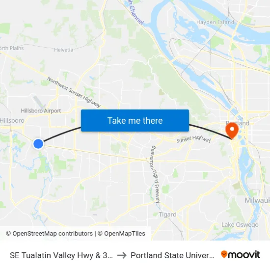 SE Tualatin Valley Hwy & 30th to Portland State University map