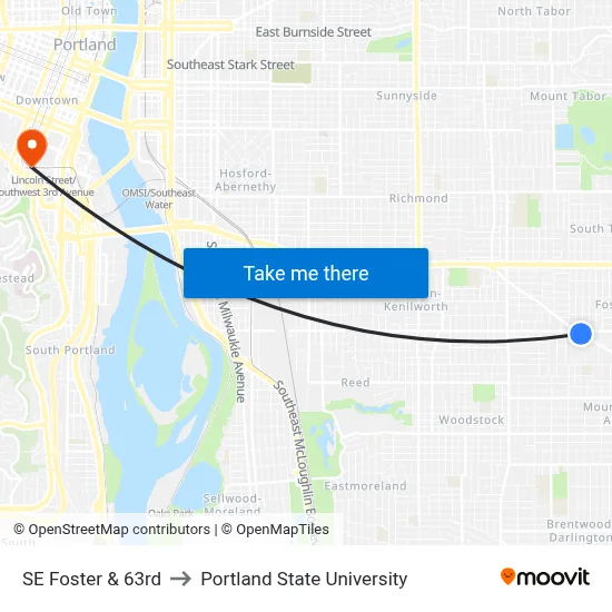 SE Foster & 63rd to Portland State University map