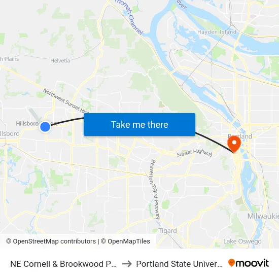 NE Cornell & Brookwood Pkwy to Portland State University map