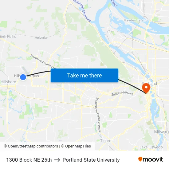 1300 Block NE 25th to Portland State University map