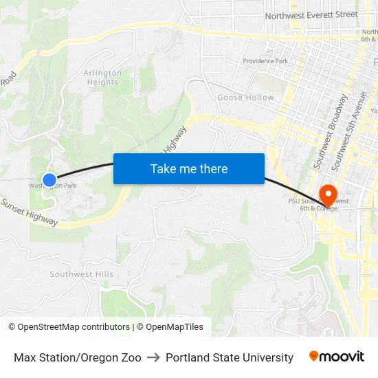 Max Station/Oregon Zoo to Portland State University map