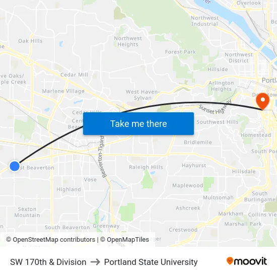 SW 170th & Division to Portland State University map
