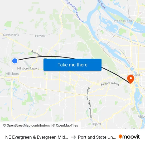 NE Evergreen & Evergreen Middle School to Portland State University map
