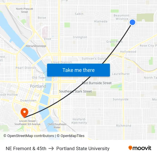 NE Fremont & 45th to Portland State University map