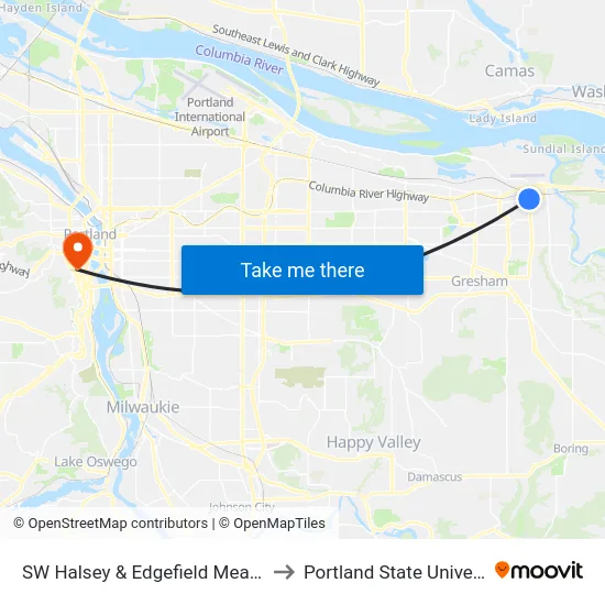 SW Halsey & Edgefield Meadows to Portland State University map