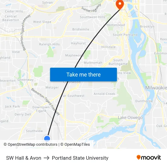 SW Hall & Avon to Portland State University map