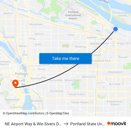 NE Airport Way & Win Sivers Drive (East) to Portland State University map