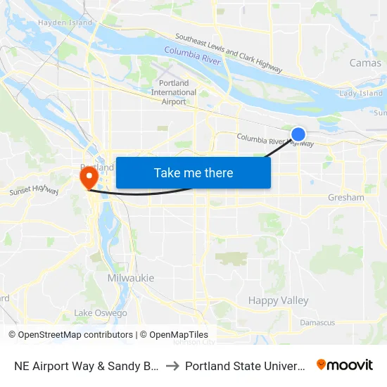 NE Airport Way & Sandy Blvd to Portland State University map