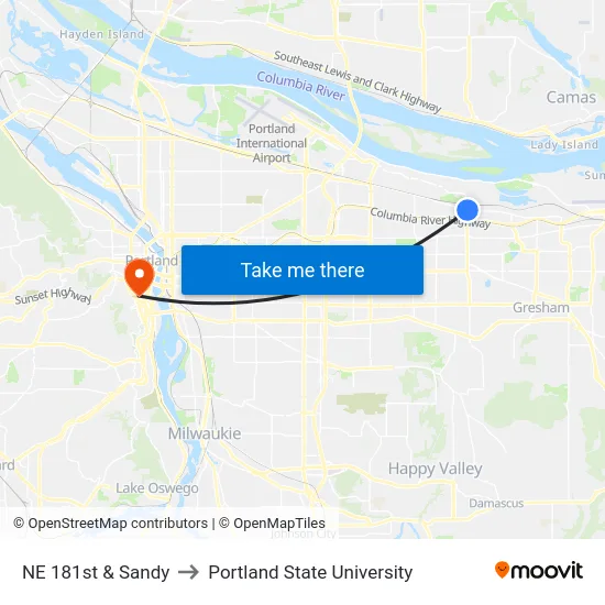 NE 181st & Sandy to Portland State University map