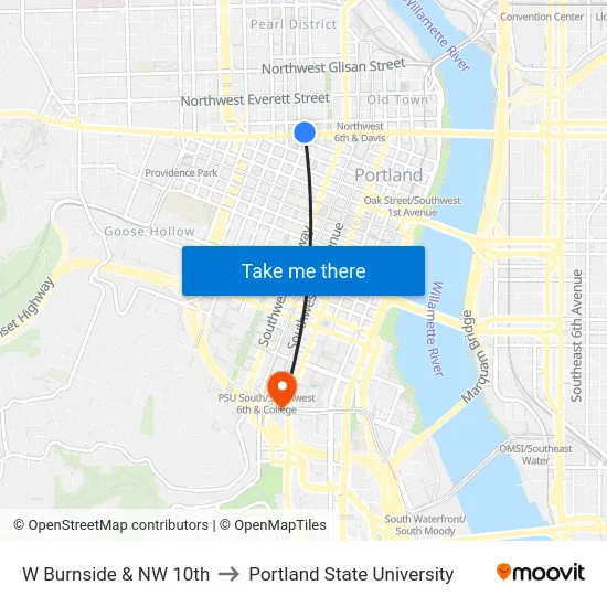 W Burnside & NW 10th to Portland State University map