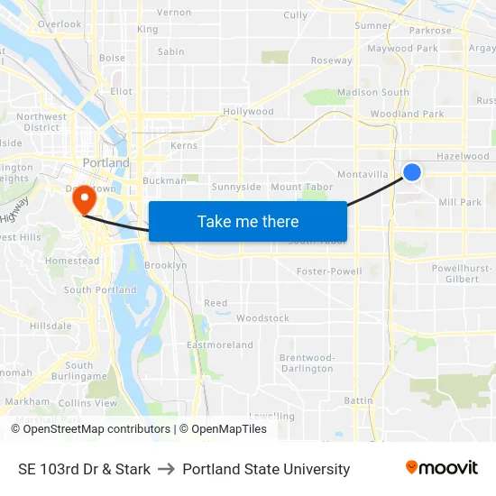SE 103rd Dr & Stark to Portland State University map