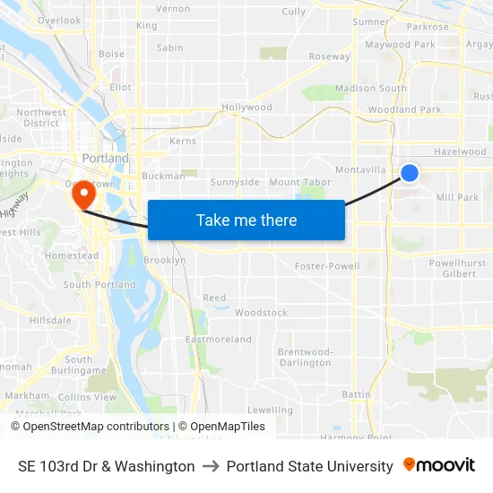 SE 103rd Dr & Washington to Portland State University map