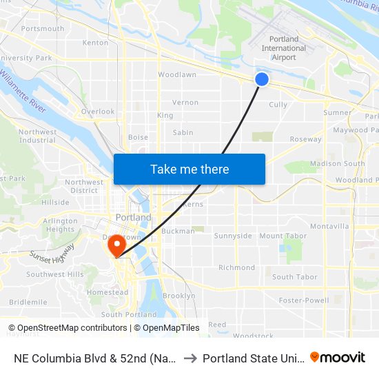 NE Columbia Blvd & 52nd (Naya) (West) to Portland State University map