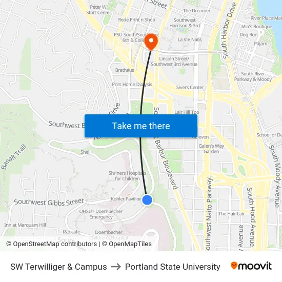 SW Terwilliger & Campus to Portland State University map