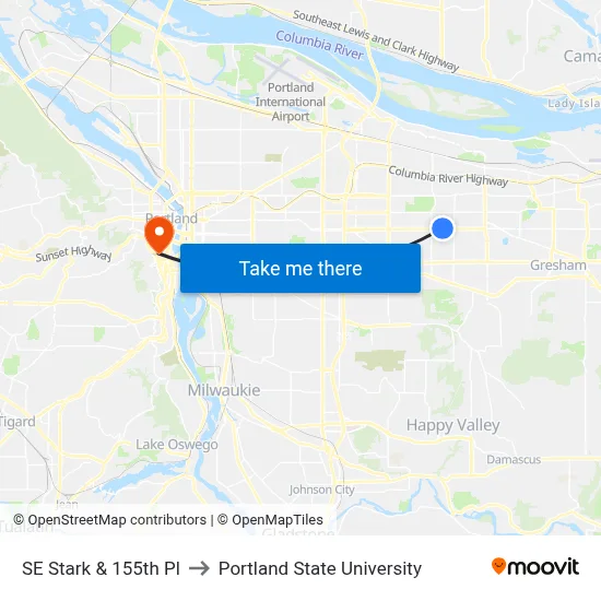 SE Stark & 155th Pl to Portland State University map